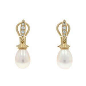 Elizabeth Rand Freshwater Pearl Diamond Dangle Earrings Yellow Gold 18k .28ctw